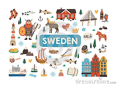 Set of traditional symbols of Sweden and Stockholm isolated on white background. Bundle of Swedish animals, Scandinavian Vector Illustration