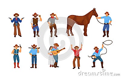 Set of traditional Wild West characters. Vintage western habitant cowboy, sheriff, couple, horse Stock Photo