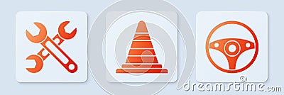 Set Traffic cone, Wrench and Steering wheel. White square button. Vector Vector Illustration