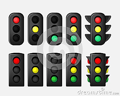 Set of traffic light. Stoplight sign. Traffic lights with all three colors. Symbol regulate movement safety and warning. Vector Illustration