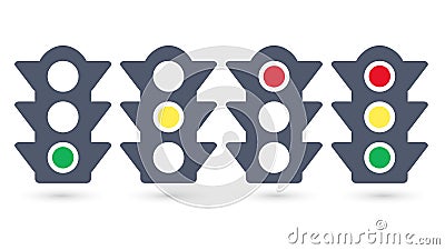 Set of traffic lights. Flat signal icons. Semaphore design. Vector illustration isolated on white background. Cartoon Illustration