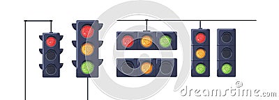 Set of traffic lights with red, yellow and green signals. Stoplights with prohibitory, allowing and waiting signs Cartoon Illustration