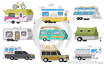 A set of trailers or family RV camping caravan. Tourist bus and tent for outdoor recreation and travel. Mobile home Vector Illustration