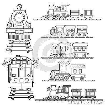 Set of Train cartoon , train travel with kids and friend coloring page for toddler vector Vector Illustration