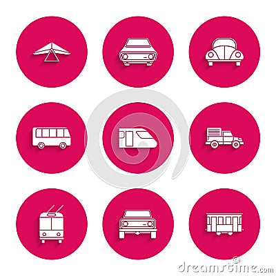 Set Train, Off road car, Old city tram, Delivery cargo truck vehicle, Trolleybus, Bus, Car Volkswagen beetle and Hang Vector Illustration