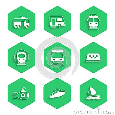 Set Train and railway, Speedboat, Yacht sailboat, Taxi car roof, Submarine, Tram and Trolleybus icon. Vector Stock Photo