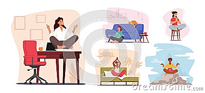 Set of Tranquil Woman Meditating at Home and Office. Healthy Lifestyle, Relaxation Emotional Balance Concept Vector Illustration