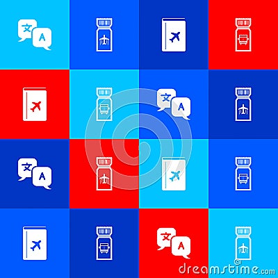 Set Translator, Airline ticket, Cover book travel guide and Bus icon. Vector Stock Photo