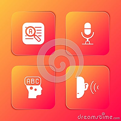Set Translator, Microphone voice device, Learning foreign languages and Ear listen sound signal icon. Vector Stock Photo