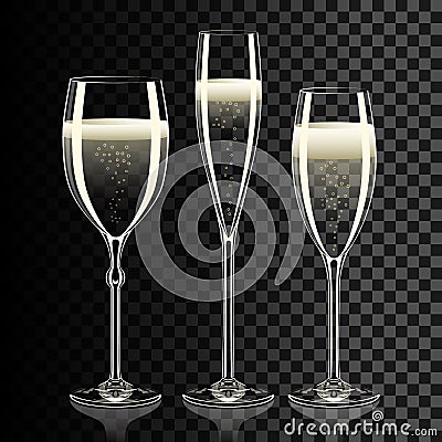 Set of transparent champagne glasses with sparkles Vector Illustration