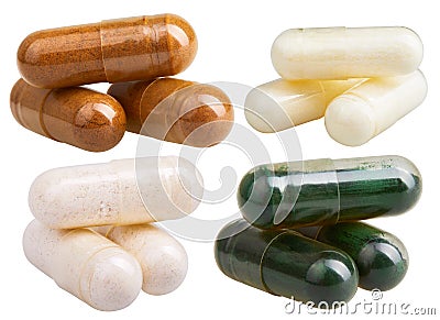 Set of transparent gelatin capsules with powder Stock Photo