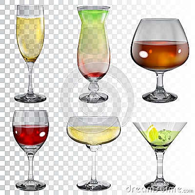 Set of transparent glass goblets with different drinks Stock Photo