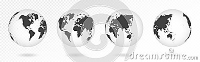 Set of transparent globes of Earth. Realistic world map in globe shape with transparent texture and shadow Vector Illustration
