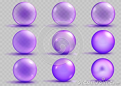 Set of transparent and opaque purple spheres with shadows Vector Illustration