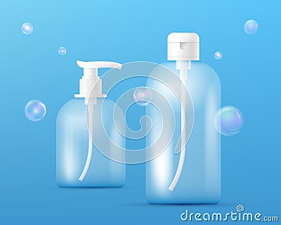 Set of Transparent Perfume Bottles. Clean plastic bottle template with dispenser for liquid soap, shampoo, shower gel Vector Illustration