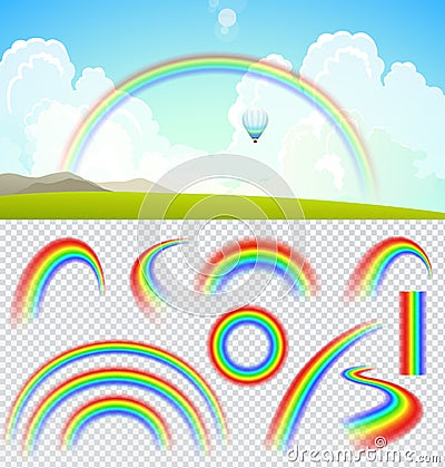 Set of transparent realistic rainbows. Summer landscape with clouds and rainbow Vector Illustration