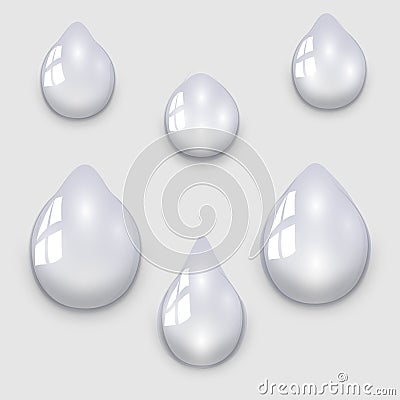 Set of transparent water droplets on a light gray background, illustration Vector Illustration