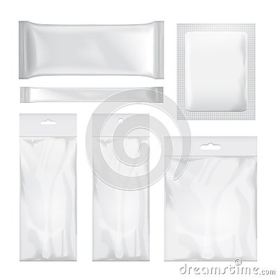 Set of transparent and white blank foil bag packaging for food, snack, coffee, cocoa, sweets, crackers, chips, nuts Vector Illustration