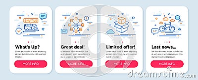 Set of Transportation icons, such as Shuttle bus, Ferris wheel, Packing boxes symbols. Bike rental line icons. Vector Vector Illustration