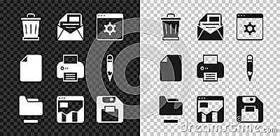 Set Trash can, Mail and e-mail, Browser setting, Document folder, Graph chart infographic, Floppy disk, File document Vector Illustration