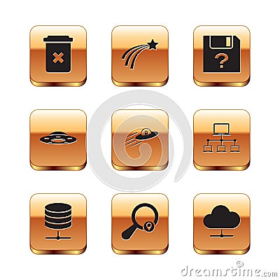 Set Trash can, Server, Data, Web Hosting, Search location, UFO flying spaceship and alien, and Unknown document icon Stock Photo