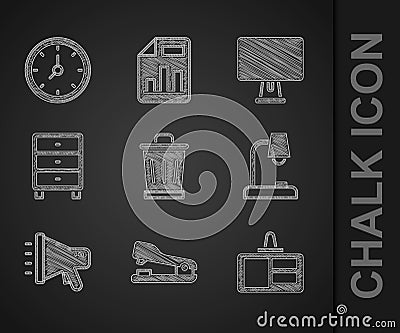 Set Trash can, Stapler, Identification badge, Table lamp, Megaphone, Archive papers drawer, Computer monitor and Clock Vector Illustration