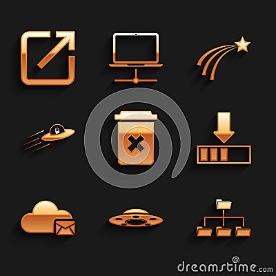 Set Trash can, UFO flying spaceship, Folder tree, Loading, Cloud mail server and and alien icon. Vector Stock Photo