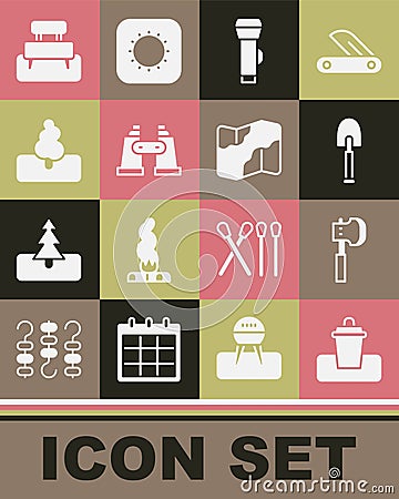 Set Trash can, Wooden axe, Shovel, Flashlight, Binoculars, Tree, Bench and Camping and hiking on map icon. Vector Vector Illustration