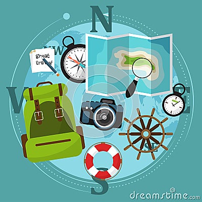 Set of travel accessories with backpack, compass, map and other items. Vector Vector Illustration