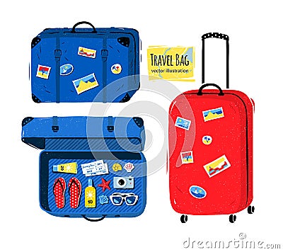 Set of travel bag and suitcases Vector Illustration