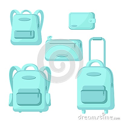 Set of travel bags, suitcase, backpacks, clutch isolated on white background. Vector icons in flat style illustration. Vector Illustration