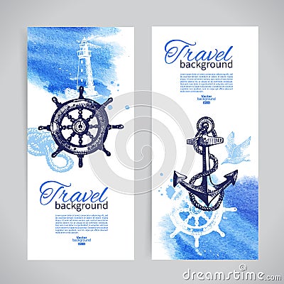 Set of travel banners. Sea nautical design. Hand drawn sketch and watercolor illustrations Vector Illustration