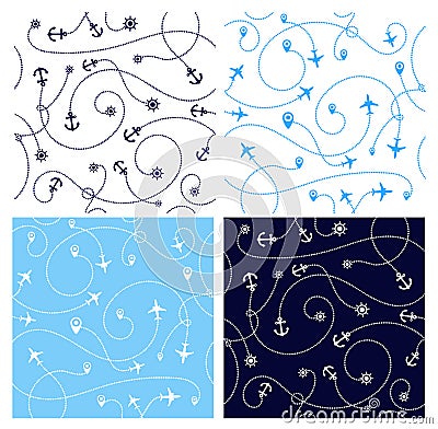 Set of travel concept seamless patterns. Abstract airplane with Cartoon Illustration