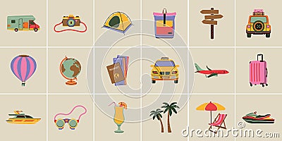 Set of travel element in modern flat line style. Hand drawn vector illustration of leisure, vacation, voyage, road trip, tour, Vector Illustration