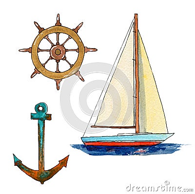 Set of travel elements with yacht, anchor, steering wheel Stock Photo