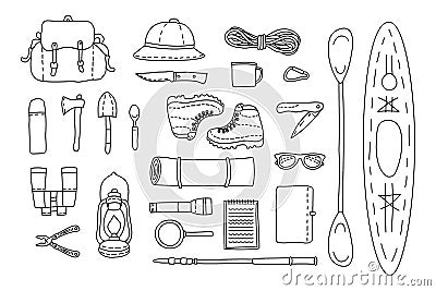 Set of travel equipment outline symbol. Binoculars, hiking shoes, travel bag, rope, gas lamp, knife, kayak, notebook Stock Photo