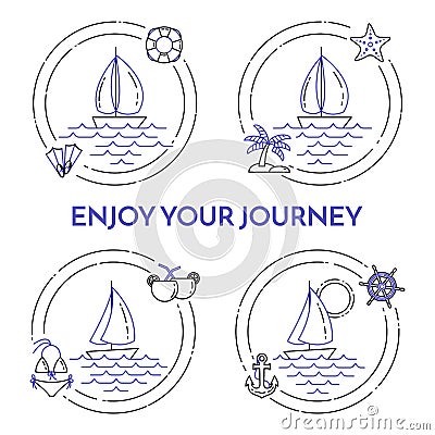 Set of travel horizontal banners with sailboat on waves, sea rest accessories in circle. Vector Illustration