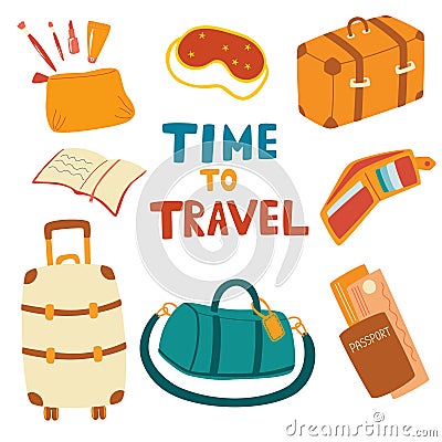 Set of travel items. Airplane trip essentials: suitcase, travel bag, sleep mask, passport, book, wallet, cosmetic bag. Preparing Vector Illustration