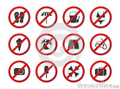 Set of travel prohibition icons, beach restriction signs, icon s Vector Illustration