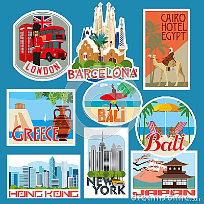 Set of travel stickers. Countries of Asia, Europe and Africa Vector Illustration