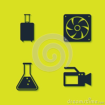 Set Travel suitcase, Cinema camera, Test tube and flask and Computer cooler icon. Vector Stock Photo