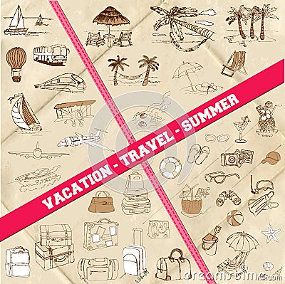 Set of Travel, Summer and Vacation Theme Vector Illustration