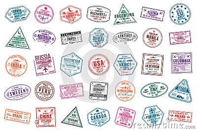 Set of travel visa stamps for passports. International and immigration office stamps. Arrival and departure visa stamps Vector Illustration