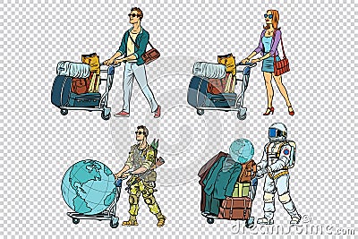 Set travelers man woman soldier and astronaut Vector Illustration