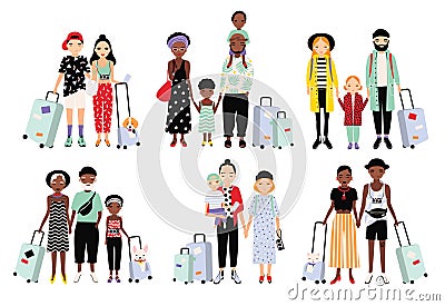 Set of traveling families and couples. Different fashionable people with luggage, children. Colorful vector collection Vector Illustration