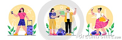 Traveling people set. Woman walking with luggage, couple examining way and girl taking selfies Vector Illustration