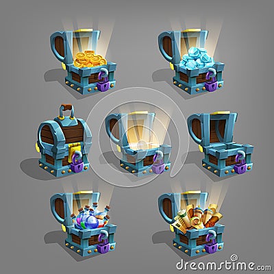 Set of treasure in chest. Golden coins, gems, potions and scrolls. Vector Illustration