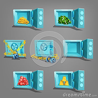 Set of treasure in safe. Golden coins, golden bars, gems and dollars. Vector Illustration