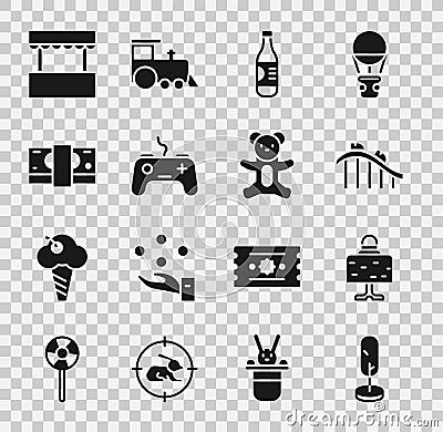 Set Tree, Magic ball on table, Roller coaster, Bottle of water, Gamepad, Stacks paper money cash, Ticket box office and Vector Illustration