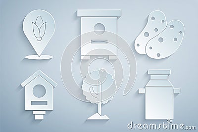 Set Tree, Potato, Bird house, Can container for milk, Hive bees and Location corn icon. Vector Vector Illustration